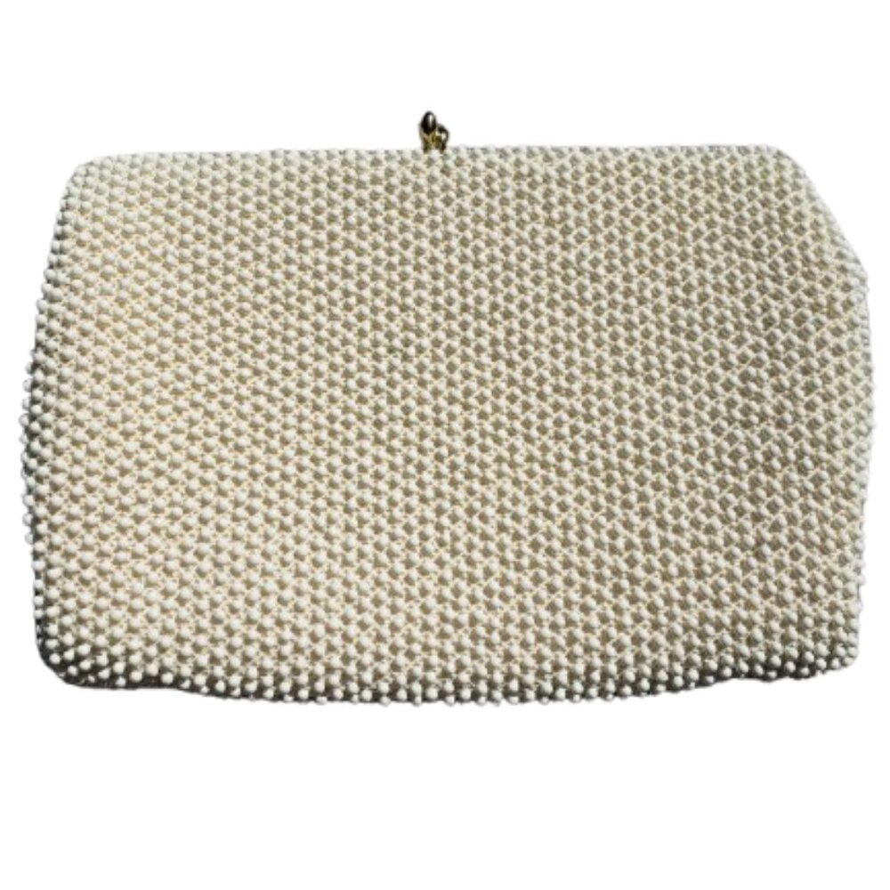 Corde Beads White Gold Tone Metal Frame Handbag Bag Purse Vintage Kiss Clasp 60s